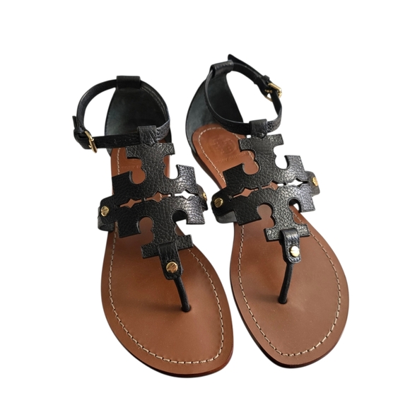 Tory Burch Shoes - Tory Burch Black Leather T-Strap Sandals – Gold Logo Hardware – Size 8M